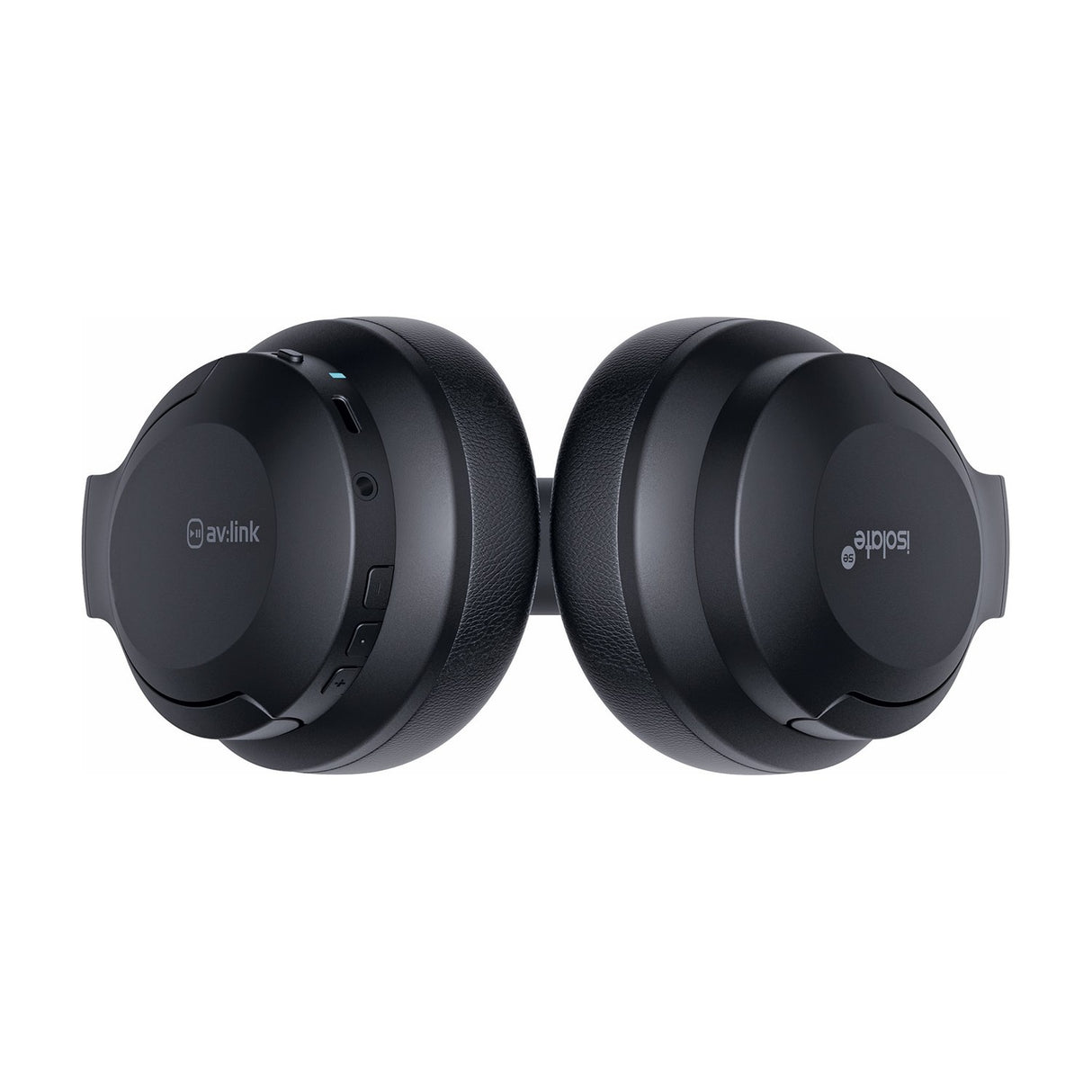 AV:Link Isolate SE noise cancelling Bluetooth headphones in black, shown from above with earcups side by side, revealing controls, USB-C port and 3.5mm jack.
