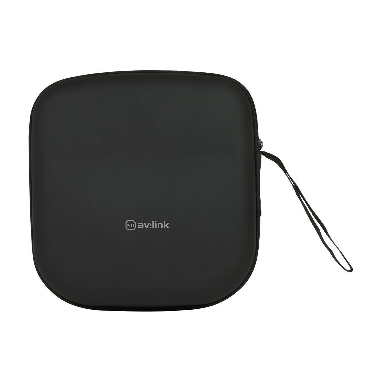 AV:Link Isolate SE headphones black square hard-shell zip carry case with wrist strap on a plain white background.