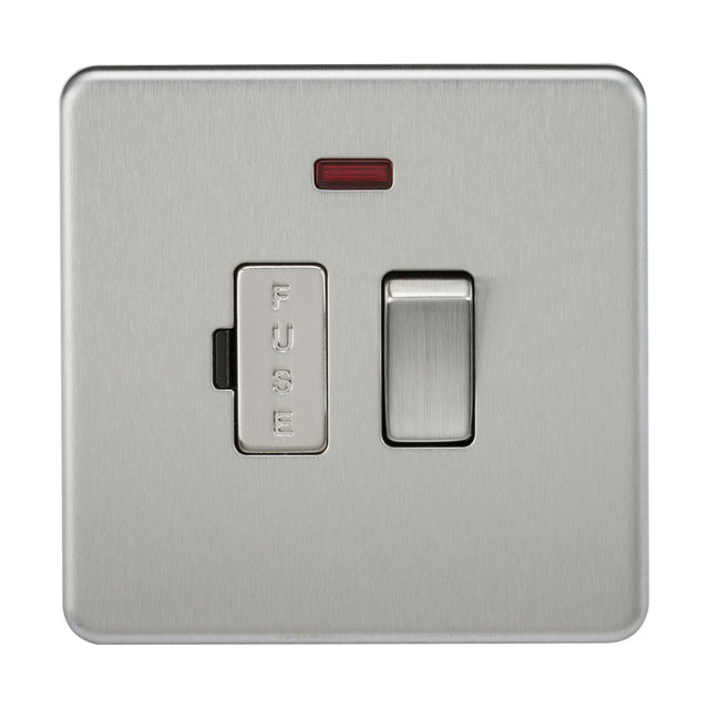 A brushed chrome, screwless 13A switched fused spur unit with a toggle switch, featuring a small neon indicator light above the fuse holder.