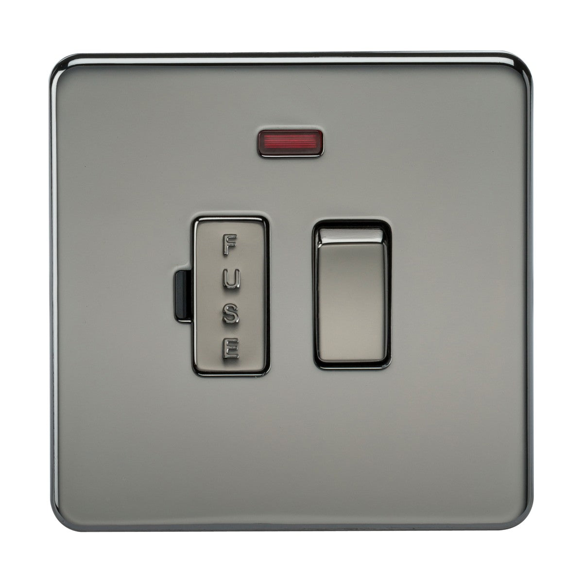 The 13A Switched Fused Spur Unit Neon has a screwless, modern design with a silver metallic switch panel, featuring a single FUSE toggle switch and a red indicator light. Its black nickel finish adds an elegant touch and allows it to blend seamlessly into contemporary settings.