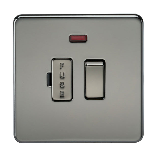 The 13A Switched Fused Spur Unit Neon has a screwless, modern design with a silver metallic switch panel, featuring a single FUSE toggle switch and a red indicator light. Its black nickel finish adds an elegant touch and allows it to blend seamlessly into contemporary settings.
