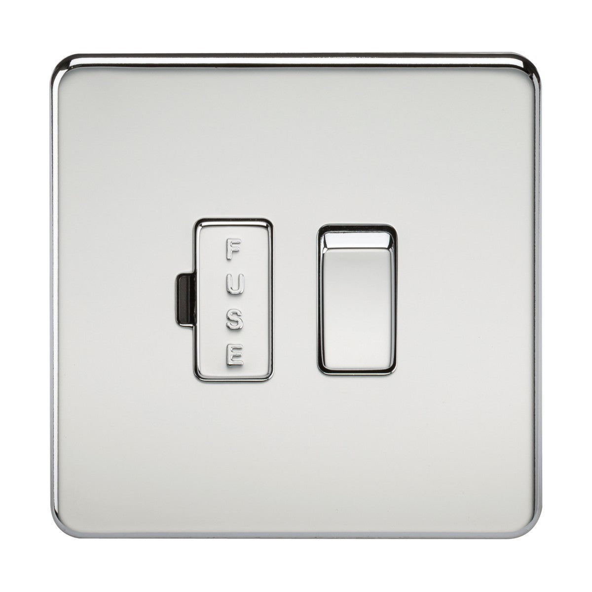 The 13A Switched Fused Spur Unit in polished chrome boasts a sleek, screwless low-profile design. It includes a single rocker switch on the right and a rectangular fuse holder labeled FUSE on the left, offering functionality similar to a fused spur. Its reflective surface enhances elegance in any modern setting.