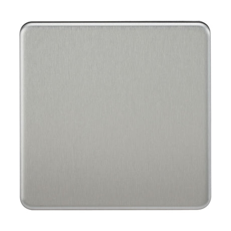 An up-close image of the 1 Gang Blanking Plate - Brushed Chrome (Screwless), showcasing its plain, square shape fashioned from high-quality stainless steel. This screwless design includes rounded corners and a brushed chrome finish, offering a sleek, minimalist look with an appealing metallic sheen.