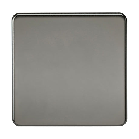 A 1 Gang Blanking Plate in black nickel, featuring a square, screwless design with rounded corners made from premium-grade steel. Its sleek, metallic finish set against a plain white background makes it ideal for stylish installations.