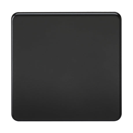 A 1 Gang Blanking Plate in matt black, showcasing a square, flat surface with rounded corners and a contemporary screwless design, resembling a modern minimalistic table mat or tray.