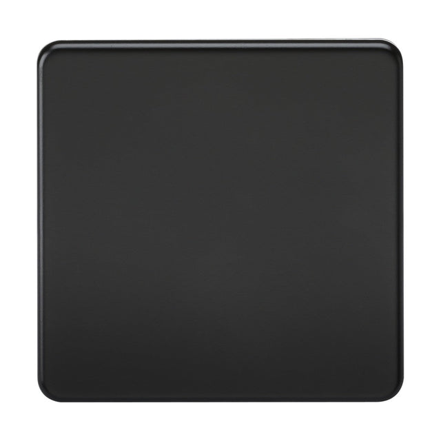 A 1 Gang Blanking Plate in matt black, showcasing a square, flat surface with rounded corners and a contemporary screwless design, resembling a modern minimalistic table mat or tray.