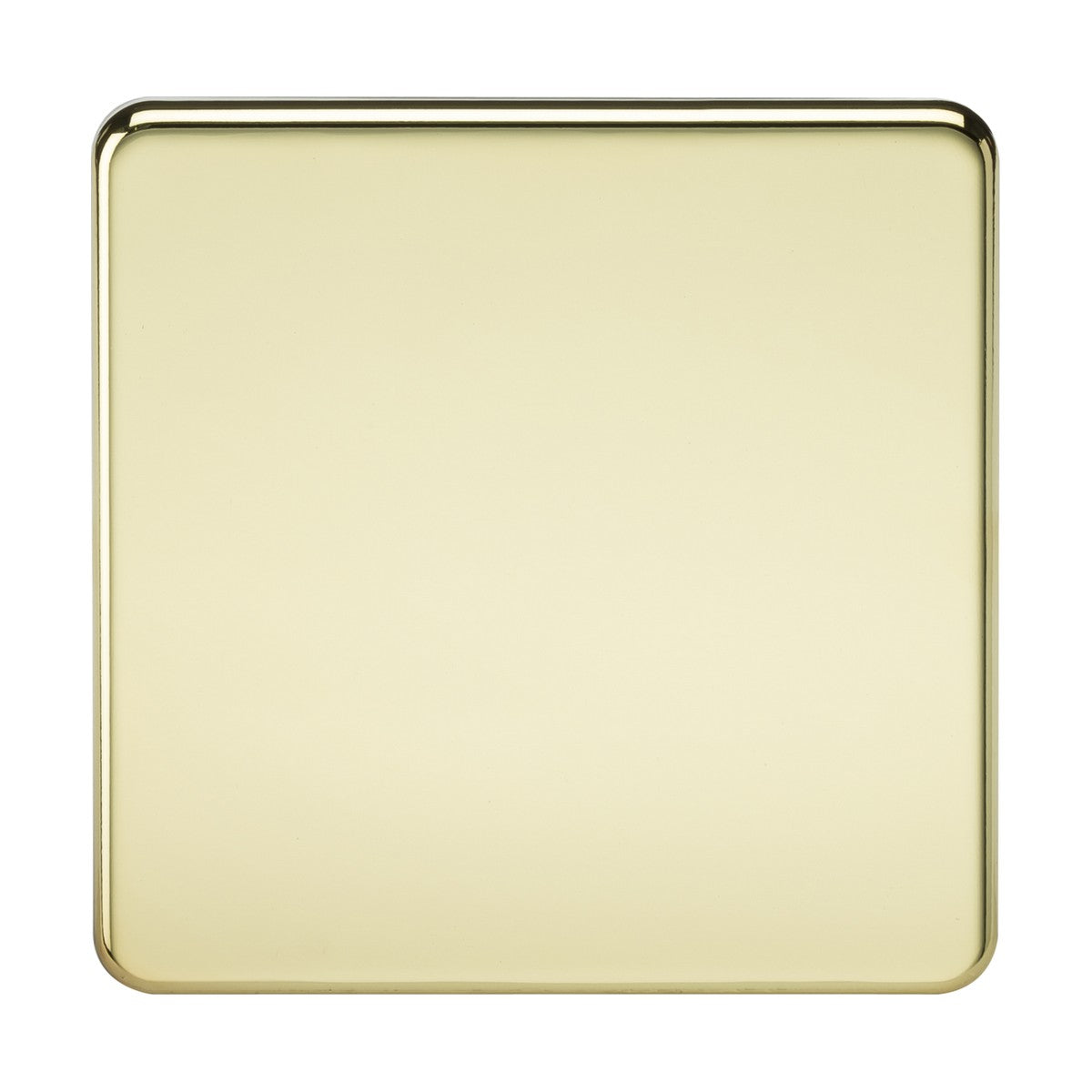 A smooth, square 1 Gang Blanking Plate with rounded corners in polished brass is set against a plain background. Its screwless design and IP20 rating enhance its minimalist appeal, while the glossy brass surface subtly reflects light.