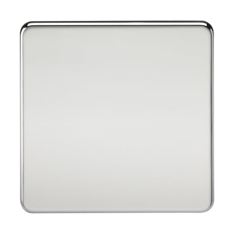 Introducing the 1 Gang Blanking Plate - Polished Chrome (Screwless), a sleek, square accessory in light gray. Its shiny, chrome-like reflective surface boasts slightly rounded corners and a metallic border. The white background highlights its smooth finish and modern, screwless design.