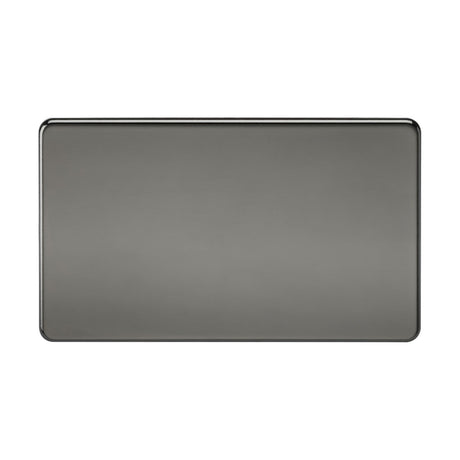 The 2 Gang Blanking Plate features a sleek rectangular, flat black nickel design with rounded corners. Made from premium-grade steel, it offers a screwless, low-profile appearance against a white background.