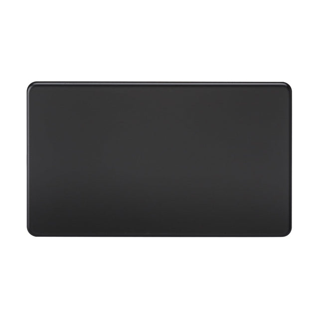 A stylish 2 Gang Blanking Plate in matt black, featuring a rectangular form with rounded edges set against a pristine white background. Its screwless design radiates an essence of minimalist elegance.