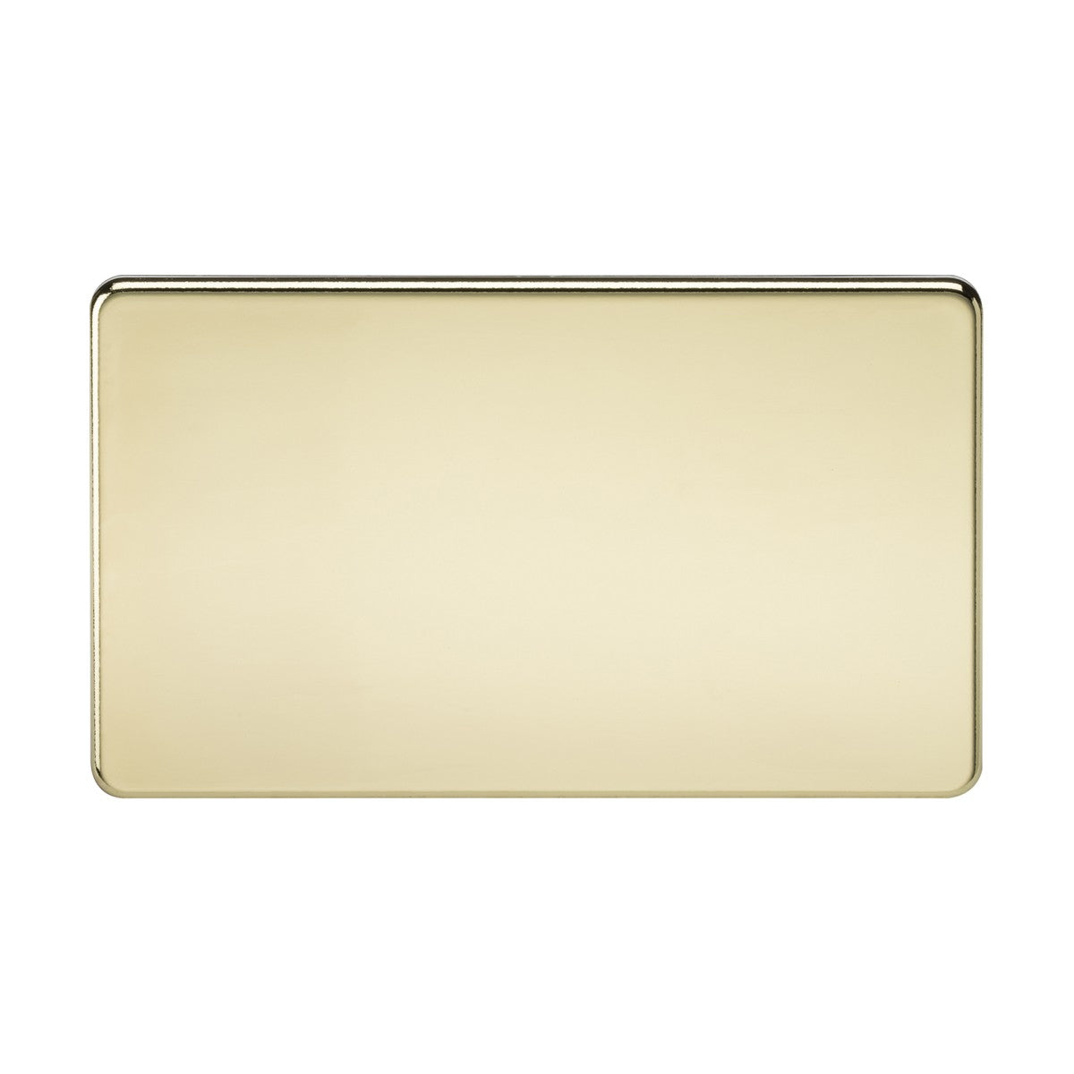 A 2 Gang Blanking Plate in polished brass, featuring a sleek, screwless design with beveled edges, is displayed against a plain white background.