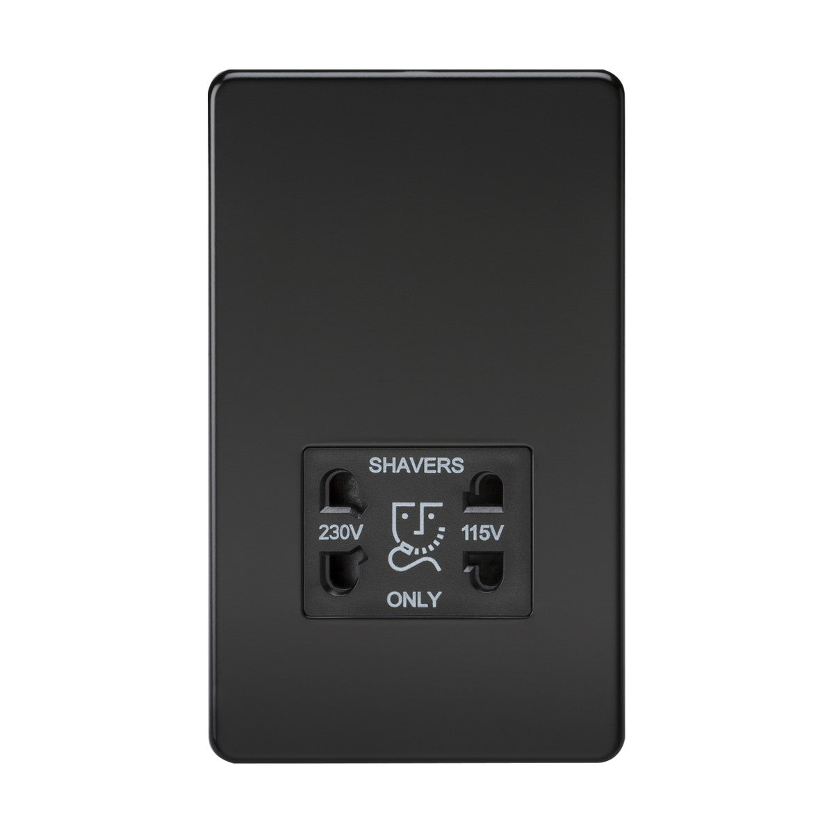 The 115V/Dual Voltage Shaver Socket in matt black features dual outlets labeled 230V and 115V, with a shaver icon between them. Designed for durability, it is crafted from premium steel and has an IP41 rating for added protection.