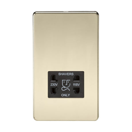 The 115V/Dual Voltage Shaver Socket, a polished brass shaver socket with a black insert and screwless design, is labeled SHAVERS ONLY, has two inputs for 230V & 115V, is EN 61558 certified, and offers an IP41 rating.