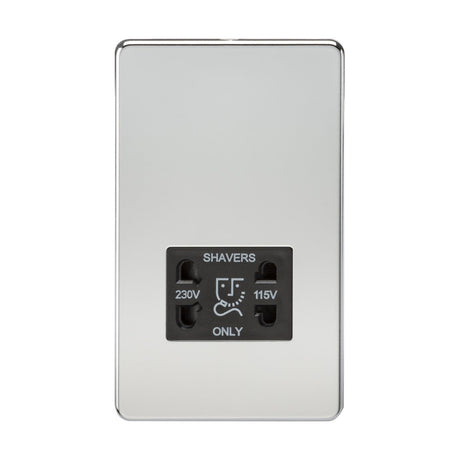 The 115V/Dual Voltage Shaver Socket, featuring a screwless polished chrome design with a black insert, offers 230V and 115V plug holes and is mounted on a metallic plate with an IP41 protection rating.