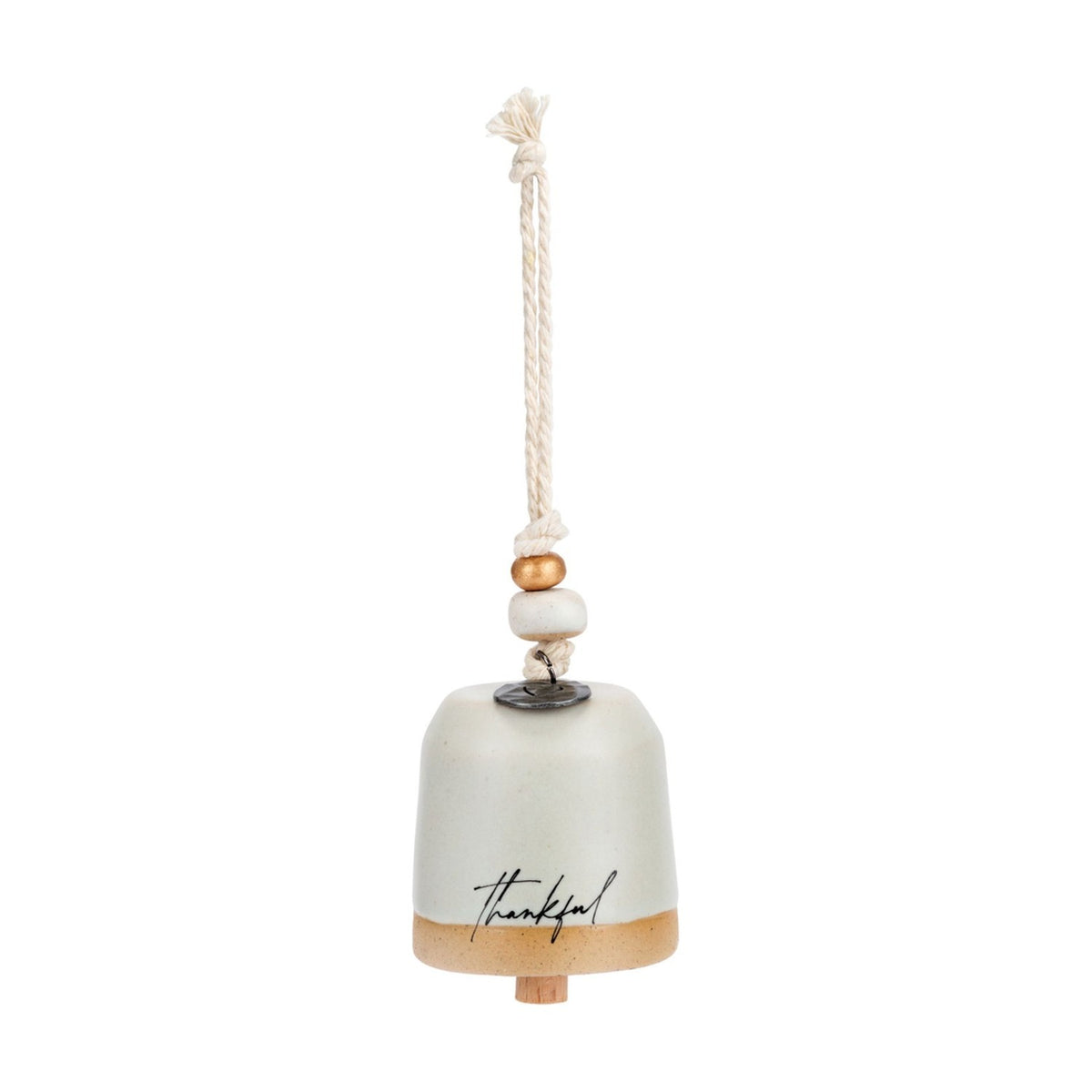 Thankful Mini Ceramic Bell Ornament with Beaded Cord - Stone