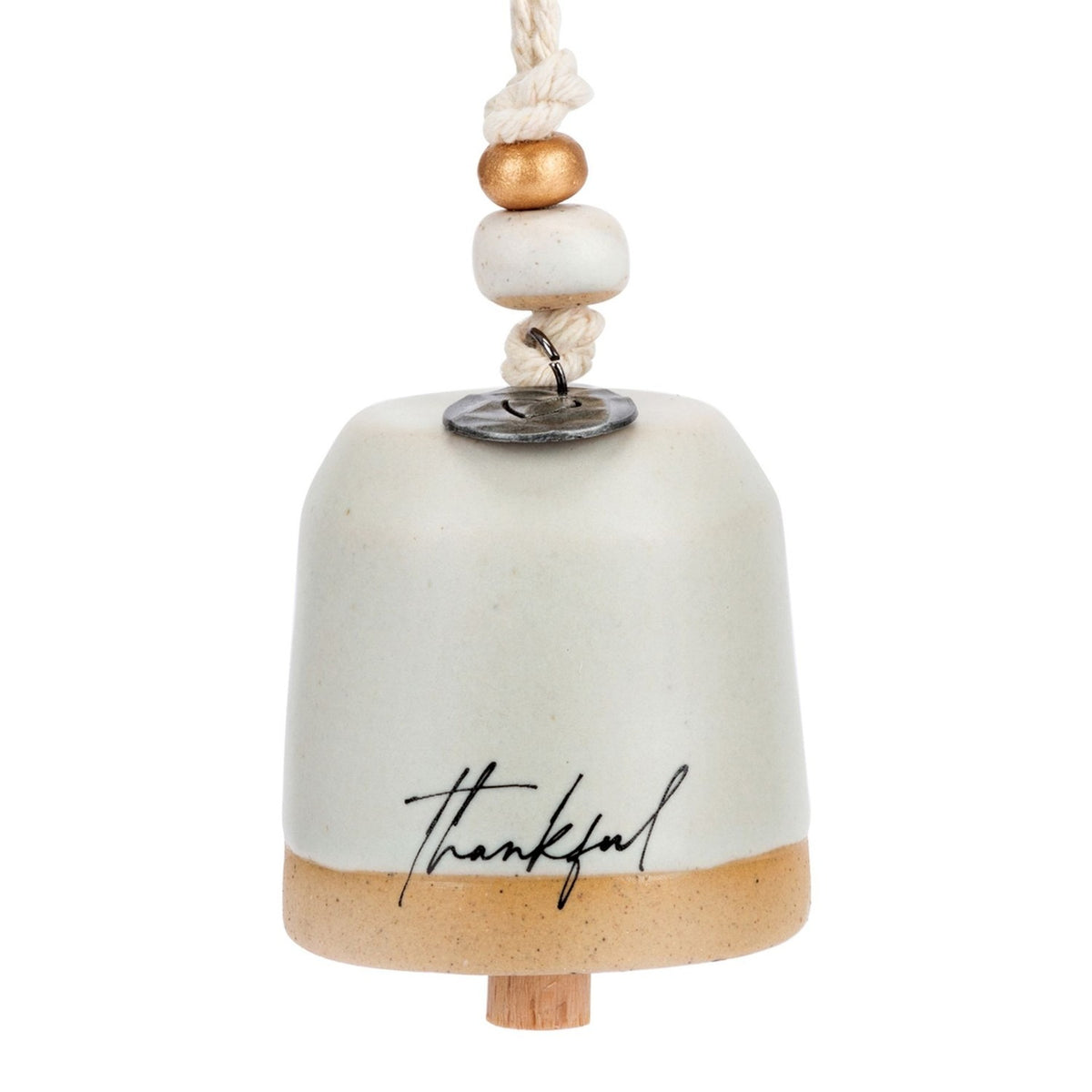 Thankful Mini Ceramic Bell Ornament with Beaded Cord - Stone