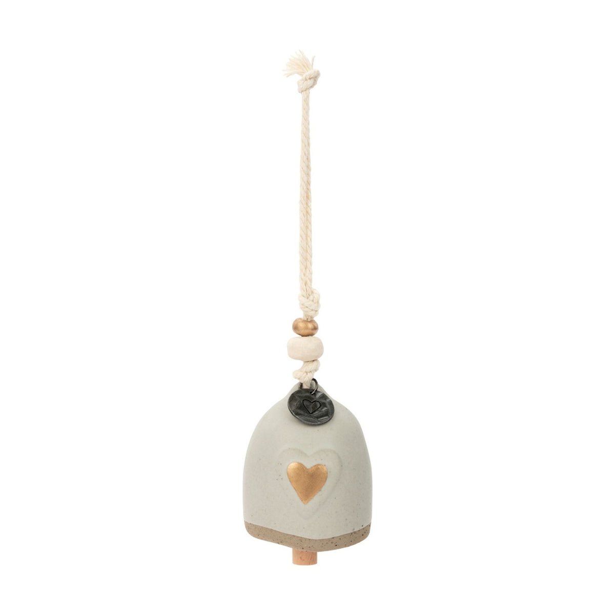 Heart Mini Bell hanging ceramic decoration in speckled grey with a gold heart motif, wooden peg base, beaded cord hanger and round charm, shown on a white background.