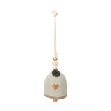 Heart Mini Bell hanging ceramic decoration in speckled grey with a gold heart motif, wooden peg base, beaded cord hanger and round charm, shown on a white background.