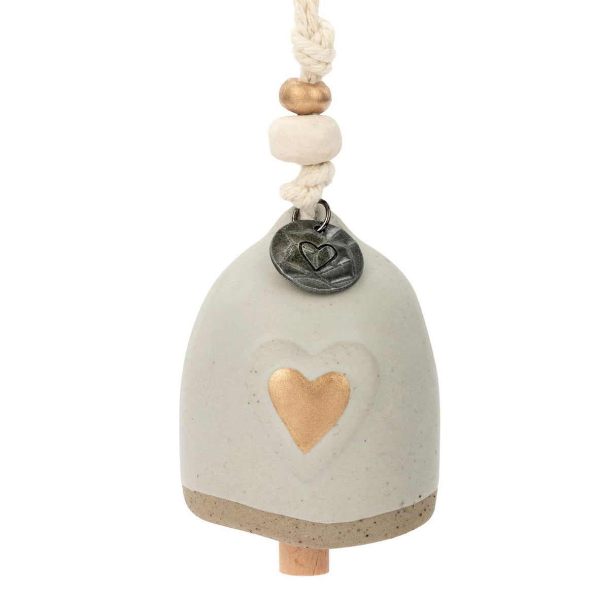 Grey ceramic hanging bell decoration with a gold heart on the front, sandy speckled rim, wooden clapper, and a metal heart charm and beads on the cord, shown on a white background.