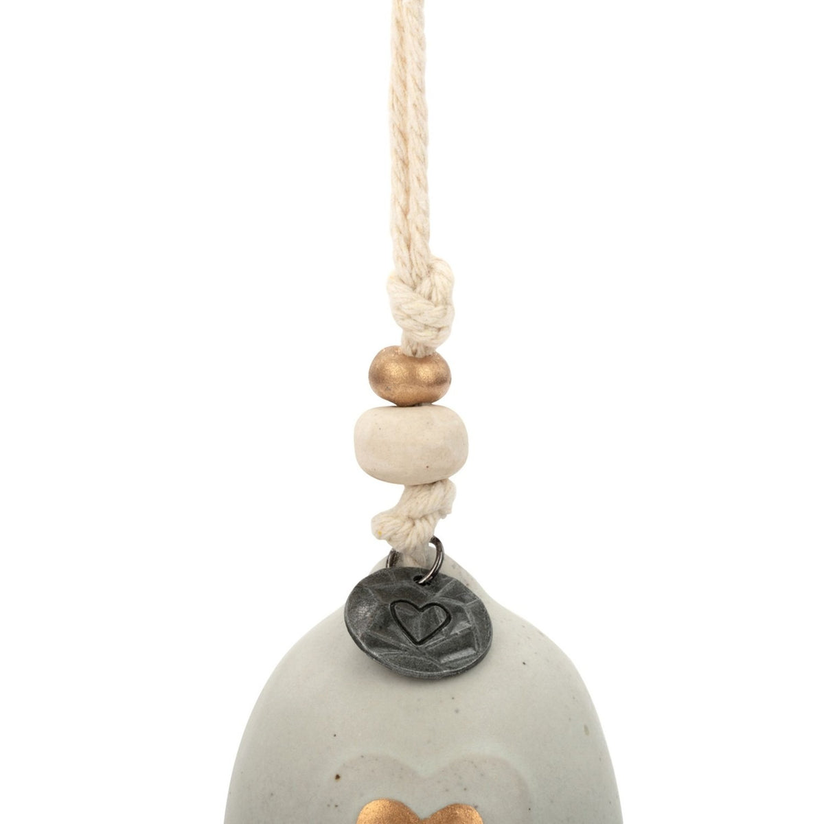 Grey ceramic mini bell decoration with gold heart detail, hung on a cream cord with wood and gold beads and a stamped grey heart charm, on a white background.