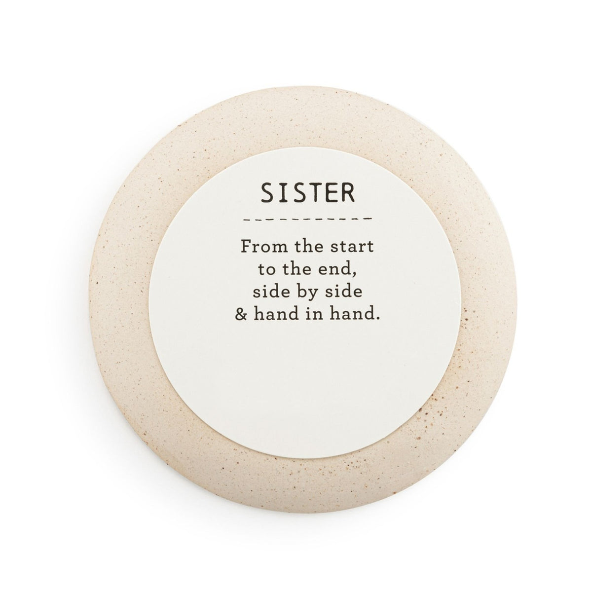 Round speckled ceramic trinket dish, reverse side, with printed "SISTER" verse on a white disc, set against a plain white background.