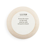 Round speckled ceramic trinket dish, reverse side, with printed "SISTER" verse on a white disc, set against a plain white background.