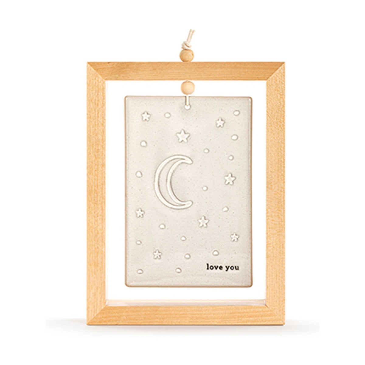 Love You To The Moon Standing Plaque, a rectangular stone-coloured ceramic tile with crescent moon, stars and dots, set in an open brown wood frame on a plain background.