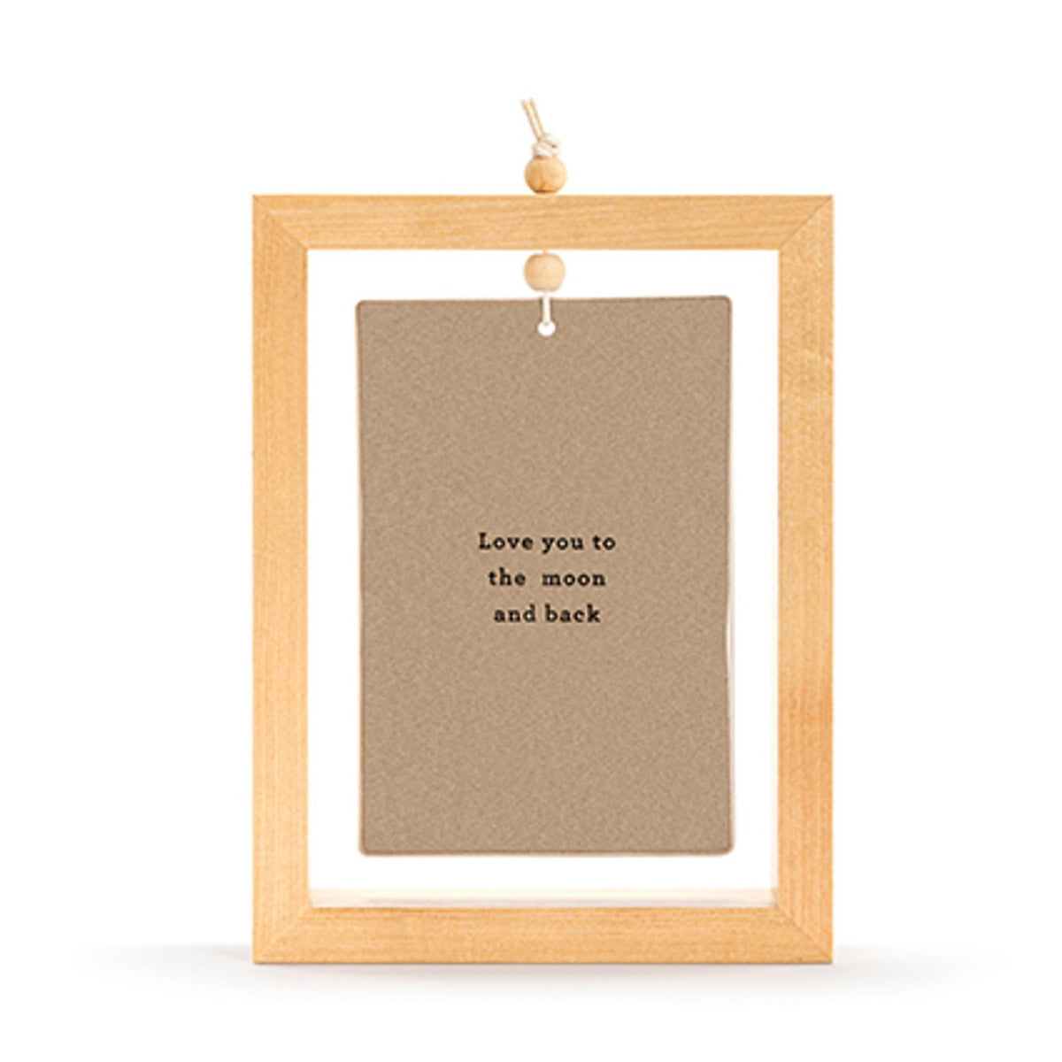 Standing plaque in a light wood open frame with wooden bead and cord hanger, displaying a brown-stone ceramic tile reading "Love you to the moon and back," shown on a plain white background.