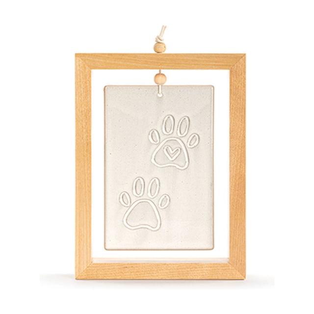 Four Paws Standing Ceramic Plaque in a brown wood frame with a hanging cord, showing a stone-coloured tile with two raised paw prints and a small heart detail on a white background.