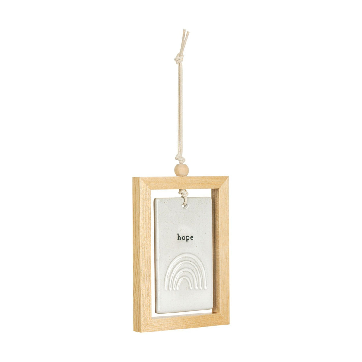 Hope Rainbow Framed Hanging Ceramic Plaque in a light wood frame, with a stone-coloured tile reading "hope" above a raised arched rainbow, hung on a cord against a plain white background.