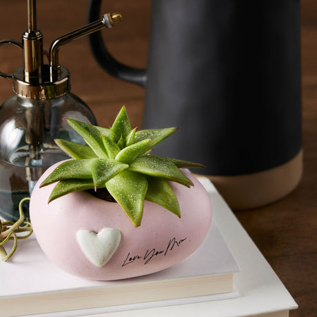 Pink ceramic Love You Mum planter with a rounded pebble shape, raised white heart, and matt speckled finish, holding a succulent on a book beside a brass mister and dark jug.