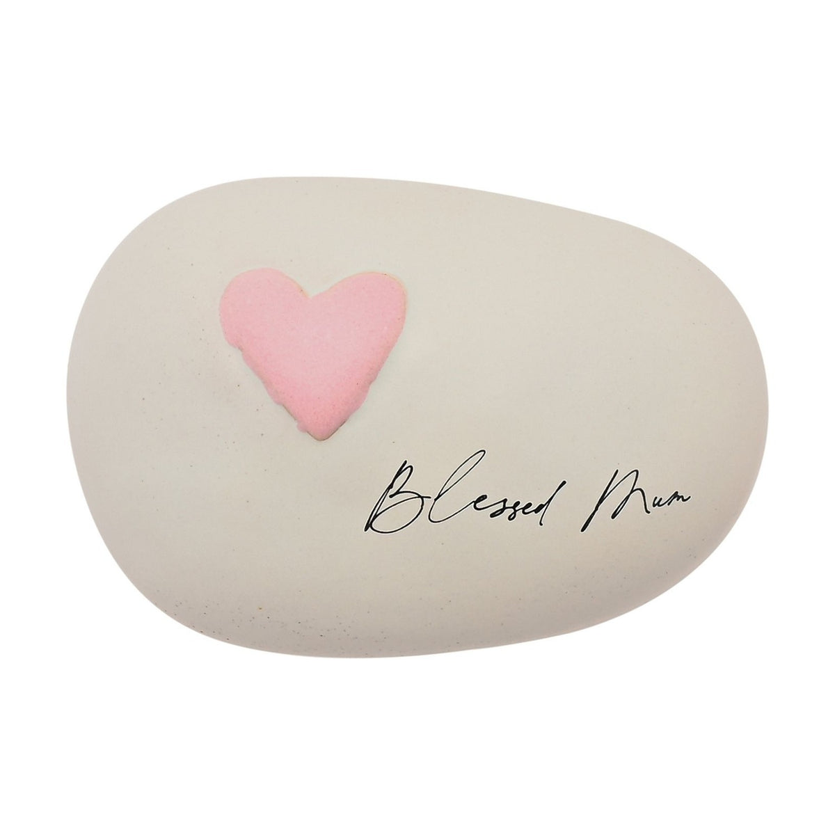 Oval ceramic pebble-shaped ornament in speckled grey with a raised pink heart and "Blessed Mum" in black script, shown on a plain white background.