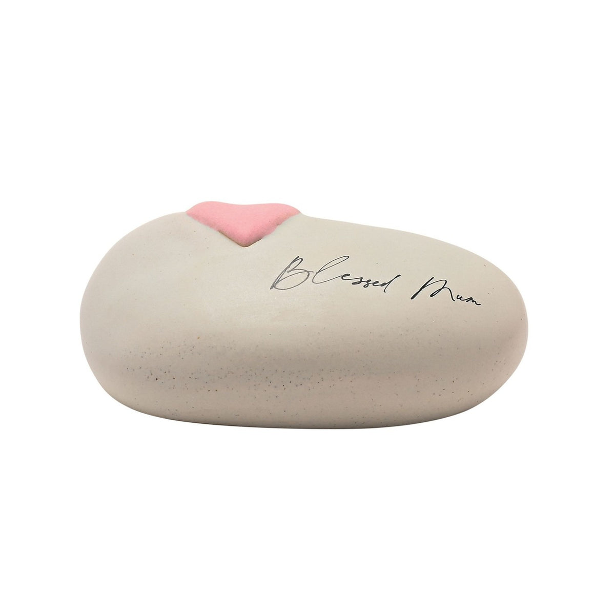 Oval pebble-shaped ceramic ornament in speckled grey with a raised pink heart and "Blessed Mum" script, shown on a plain white background.