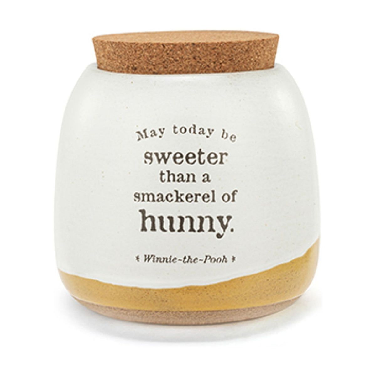 Ceramic storage jar with cork lid, stone glaze finish and mustard-yellow base band, printed with "May today be sweeter than a smackerel of hunny" quote, on a white background.