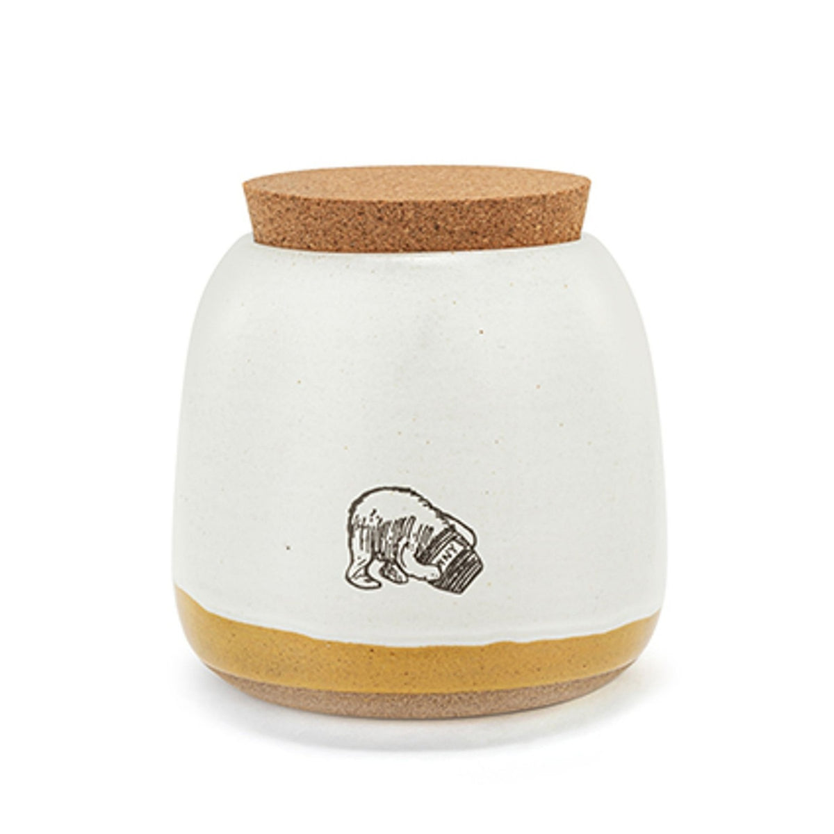 Small ceramic storage jar with cork lid, stone glaze finish, mustard-yellow lower band, and a line drawing of Pooh with his head in a honey pot, shown on a white background.