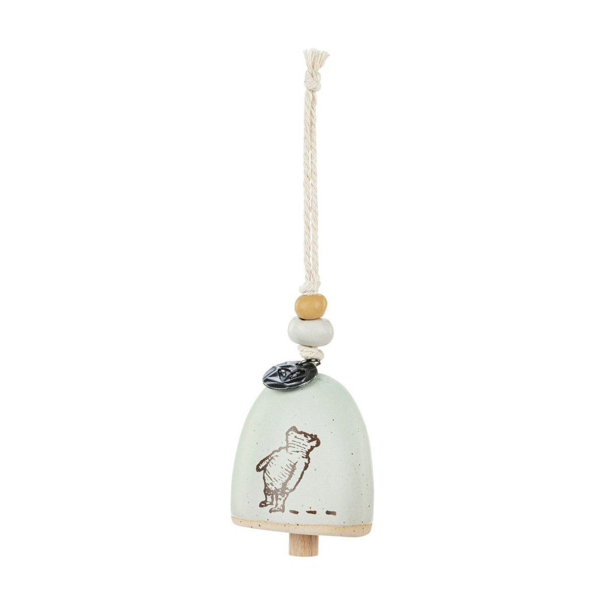 Ceramic mini bell ornament in arched stone-grey finish with a brown line drawing of Winnie the Pooh, wooden clapper, beaded hanger and cord, shown on a white background.