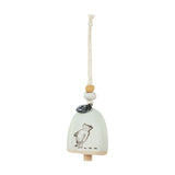 Ceramic mini bell ornament in arched stone-grey finish with a brown line drawing of Winnie the Pooh, wooden clapper, beaded hanger and cord, shown on a white background.