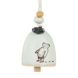Ceramic mini bell ornament in stone colour with an arched shape, featuring a brown line drawing of Winnie the Pooh seen from behind, a wooden clapper, and beaded hanging cord on a white background.