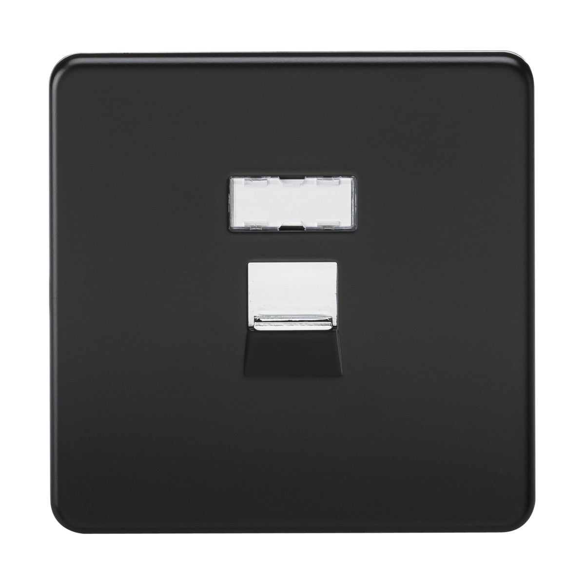 The RJ45 Network Outlet - Matt Black (Screwless) features a single centered CAT5e RJ45 port with a white insert and boasts a screwless, low-profile design that fits seamlessly into modern interiors for integrated wired networking.