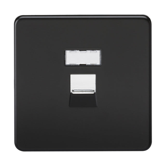 The RJ45 Network Outlet - Matt Black (Screwless) features a single centered CAT5e RJ45 port with a white insert and boasts a screwless, low-profile design that fits seamlessly into modern interiors for integrated wired networking.