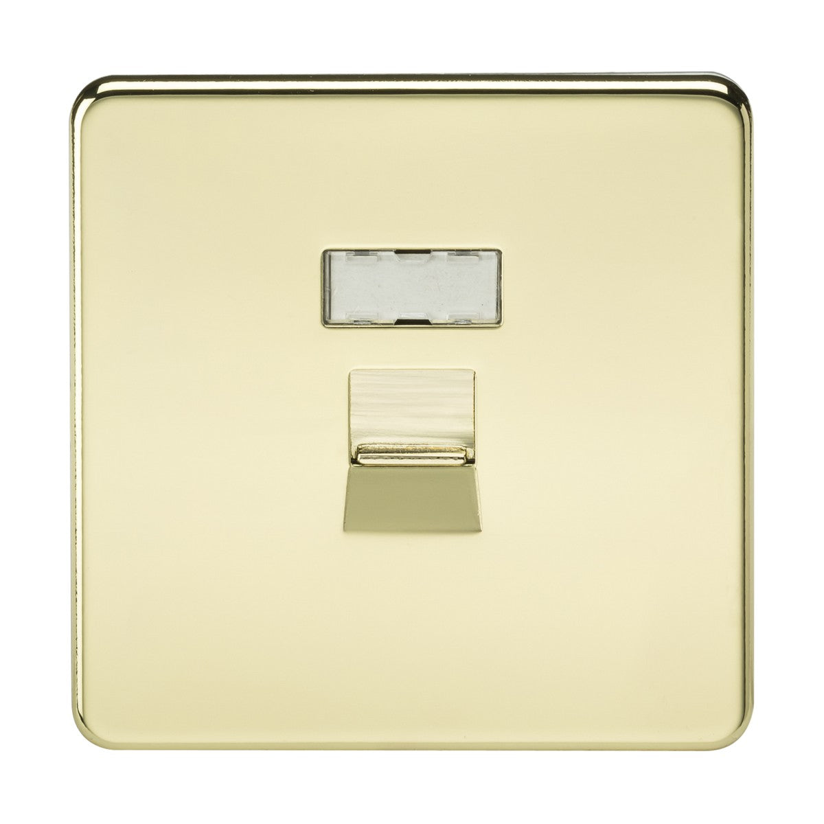 The RJ45 Network Outlet - Polished Brass is a gold-colored telephone socket featuring a single outlet and a vertical, rectangular design. It has a reflective, smooth surface with a polished finish, emphasizing its screwless low profile design against a plain white background.