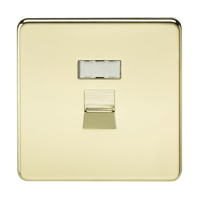 The RJ45 Network Outlet - Polished Brass is a gold-colored telephone socket featuring a single outlet and a vertical, rectangular design. It has a reflective, smooth surface with a polished finish, emphasizing its screwless low profile design against a plain white background.