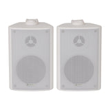 Adastra BC3-W 3" white background speakers shown as a pair with perforated steel grilles and top mounting brackets on a plain background.
