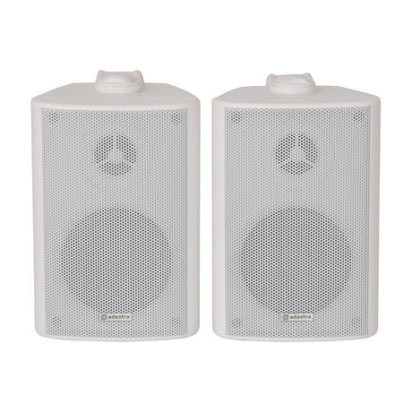 Adastra BC3-W 3" white background speakers shown as a pair with perforated steel grilles and top mounting brackets on a plain background.