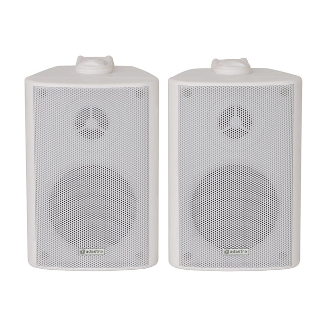 Adastra BC3-W 3" white background speakers shown as a pair with perforated steel grilles and top mounting brackets on a plain background.
