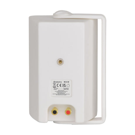 Rear view of the Adastra BC3-W white background speaker showing ABS casing, mounting bracket, spring terminals and specification label on a plain background.