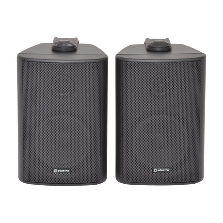 Adastra BC3-B 3in stereo background speakers in black, a pair of compact wall-mount units with steel grilles and top brackets on a white background.