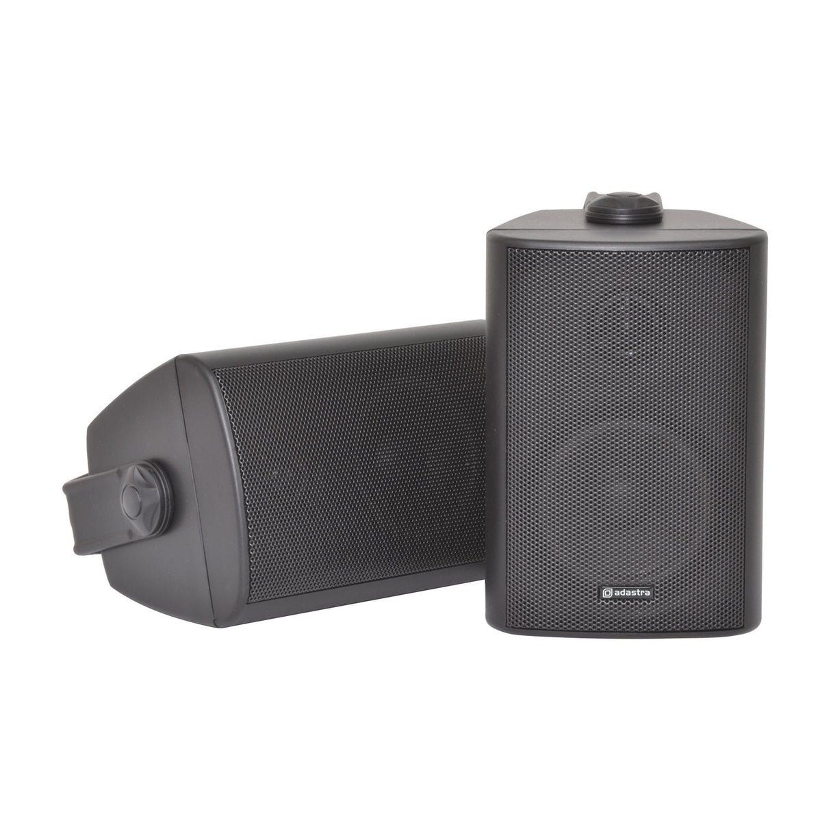 Adastra BC3-B 3in stereo background speakers in matt black, shown as a pair with steel mounting brackets on a plain white background.