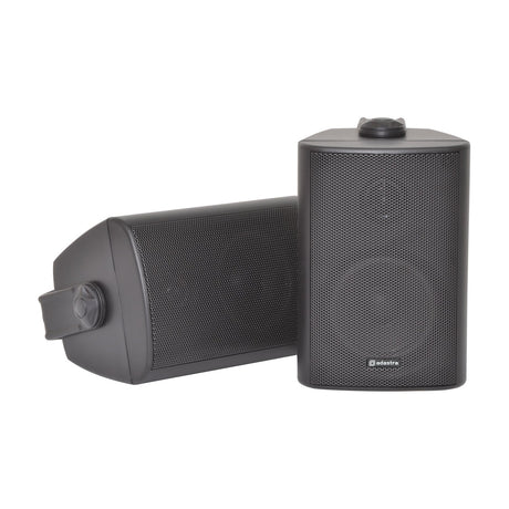 Adastra BC3-B 3in stereo background speakers in matt black, shown as a pair with steel mounting brackets on a plain white background.