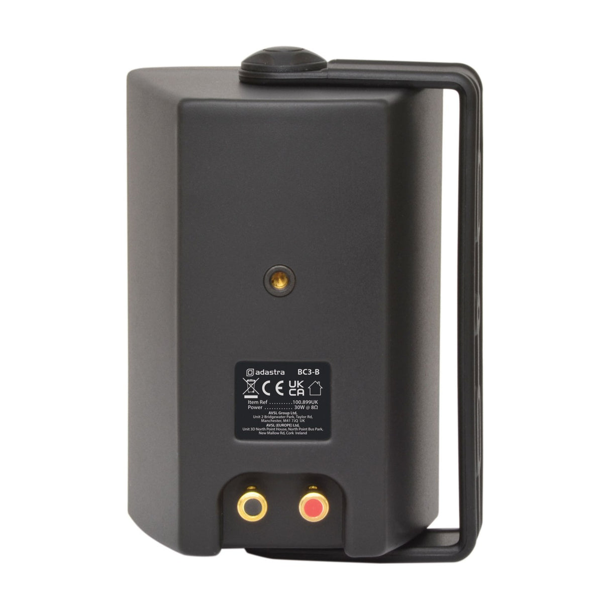 Rear view of the Adastra BC3-B black background speaker showing spec label, spring terminals, M6 mount socket and steel bracket on a white background.
